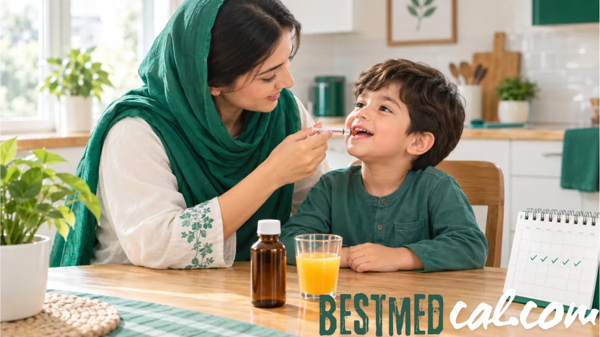 Parent giving a child azithromycin liquid with an oral syringe at home