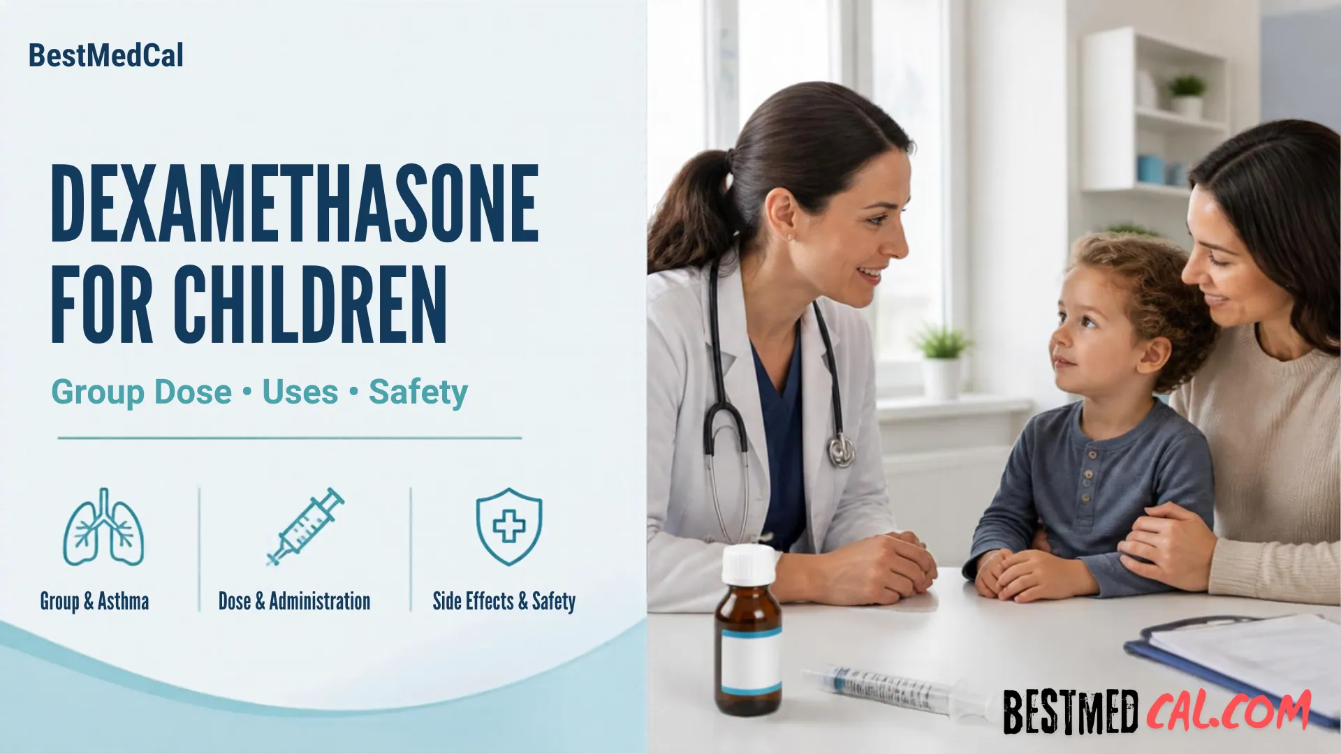 Dexamethasone for children guide showing a pediatric consultation, croup treatment, medication dosing, and safety information.